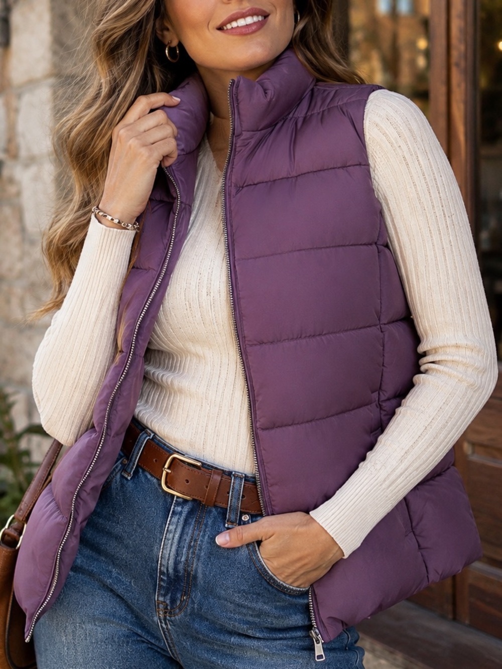 DIP Women’s Purple Quilted Puffer Vest Full Zip Lightweight Size Large (1414)